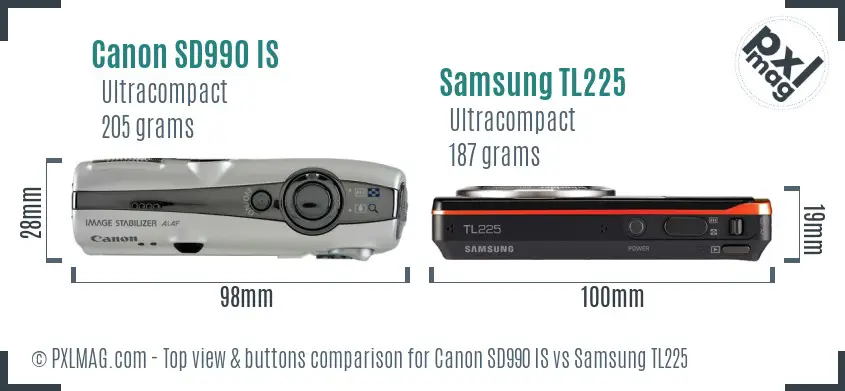 Canon SD990 IS vs Samsung TL225 top view buttons comparison