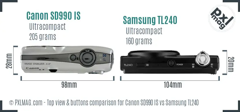 Canon SD990 IS vs Samsung TL240 top view buttons comparison