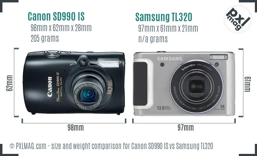Canon SD990 IS vs Samsung TL320 size comparison