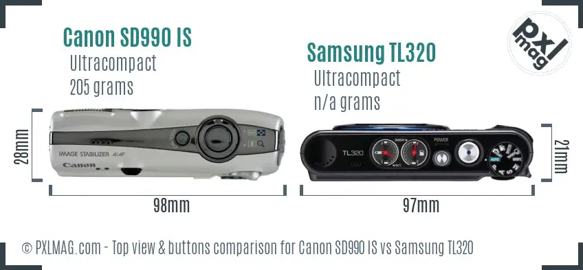Canon SD990 IS vs Samsung TL320 top view buttons comparison