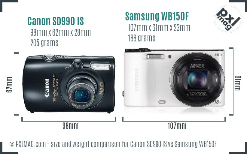Canon SD990 IS vs Samsung WB150F size comparison Canon SD990 IS vs Samsung WB150F size comparison