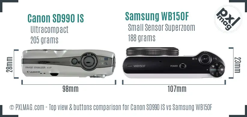 Canon SD990 IS vs Samsung WB150F top view buttons comparison Canon SD990 IS vs Samsung WB150F top view buttons comparison