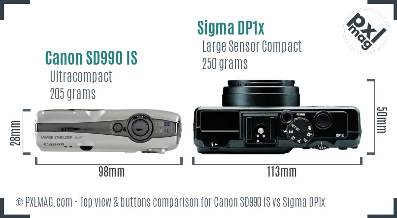 Canon SD990 IS vs Sigma DP1x top view buttons comparison