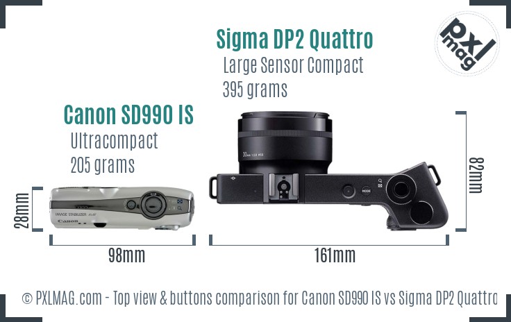 Canon SD990 IS vs Sigma DP2 Quattro top view buttons comparison