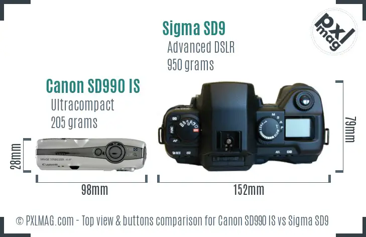 Canon SD990 IS vs Sigma SD9 top view buttons comparison
