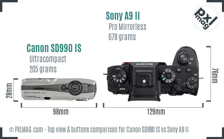 Canon SD990 IS vs Sony A9 II top view buttons comparison