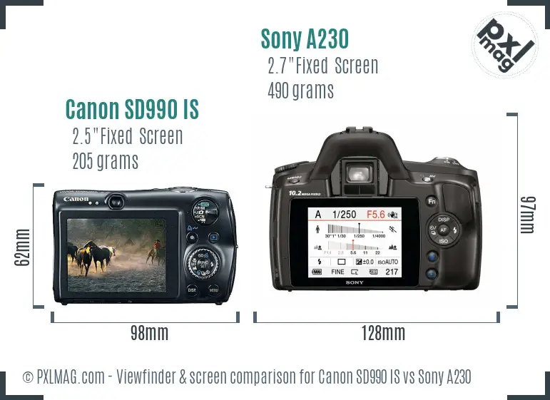 Canon SD990 IS vs Sony A230 Screen and Viewfinder comparison