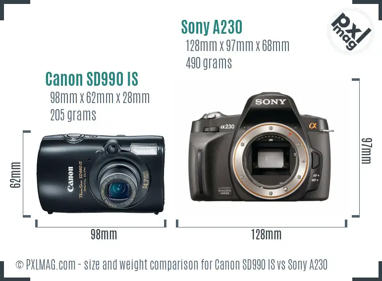 Canon SD990 IS vs Sony A230 size comparison