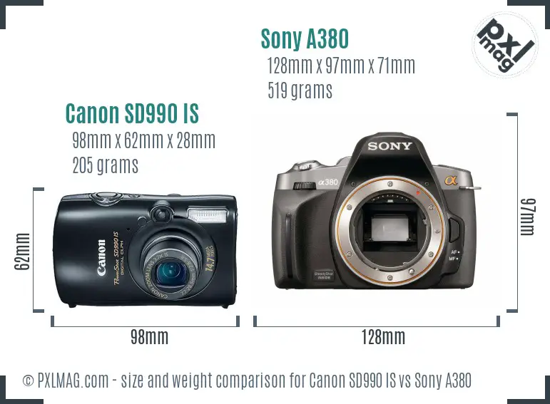 Canon SD990 IS vs Sony A380 size comparison