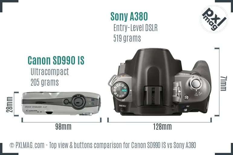 Canon SD990 IS vs Sony A380 top view buttons comparison