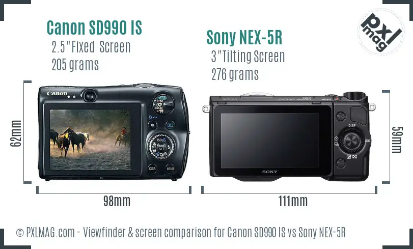 Canon SD990 IS vs Sony NEX-5R Screen and Viewfinder comparison