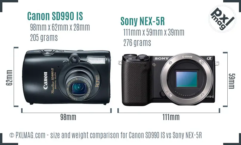 Canon SD990 IS vs Sony NEX-5R size comparison