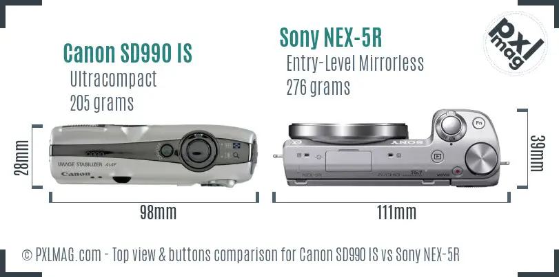 Canon SD990 IS vs Sony NEX-5R top view buttons comparison