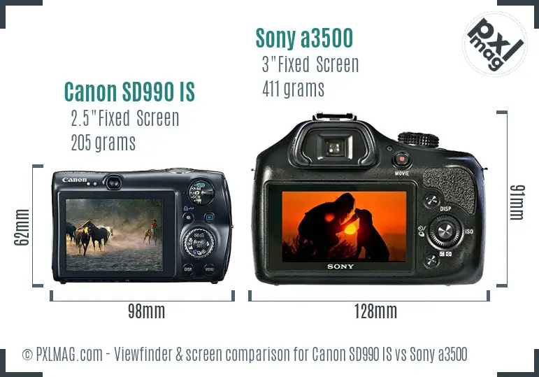 Canon SD990 IS vs Sony a3500 Screen and Viewfinder comparison