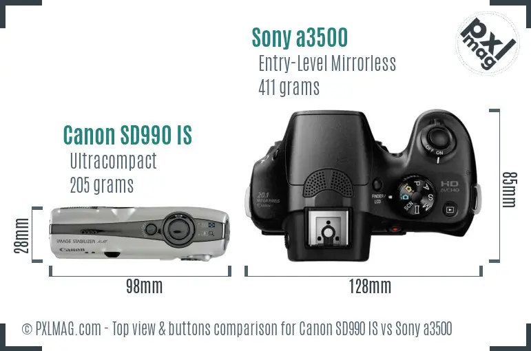 Canon SD990 IS vs Sony a3500 top view buttons comparison
