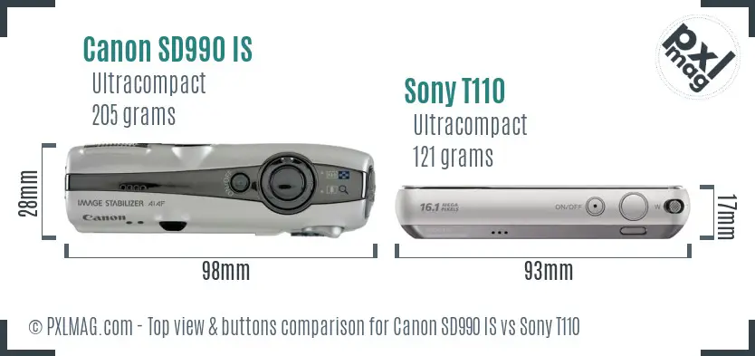 Canon SD990 IS vs Sony T110 top view buttons comparison