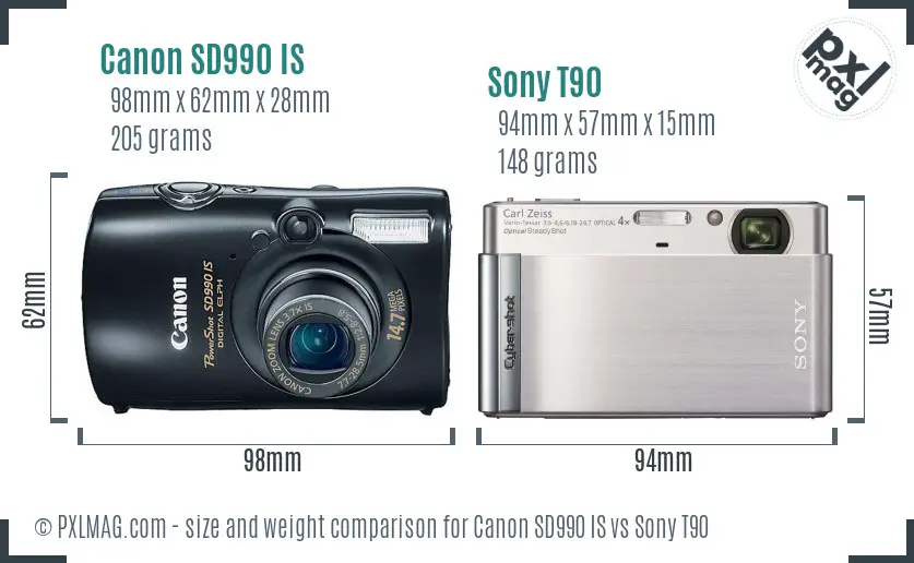 Canon SD990 IS vs Sony T90 size comparison