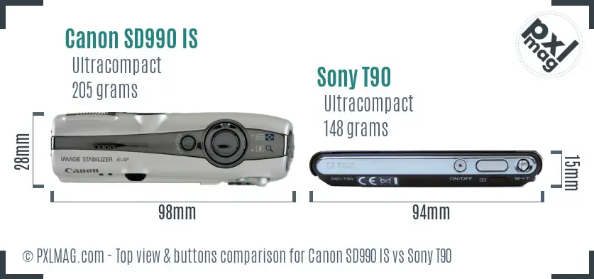 Canon SD990 IS vs Sony T90 top view buttons comparison