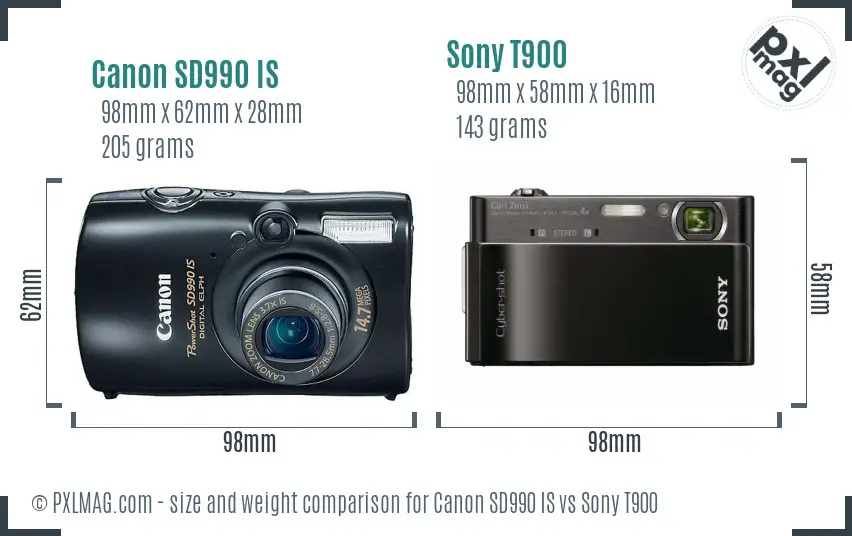 Canon SD990 IS vs Sony T900 size comparison