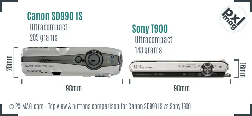 Canon SD990 IS vs Sony T900 top view buttons comparison