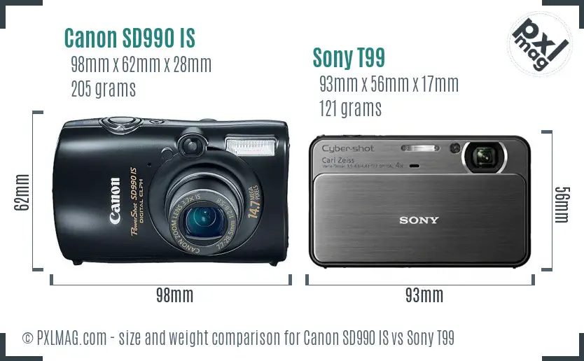 Canon SD990 IS vs Sony T99 size comparison