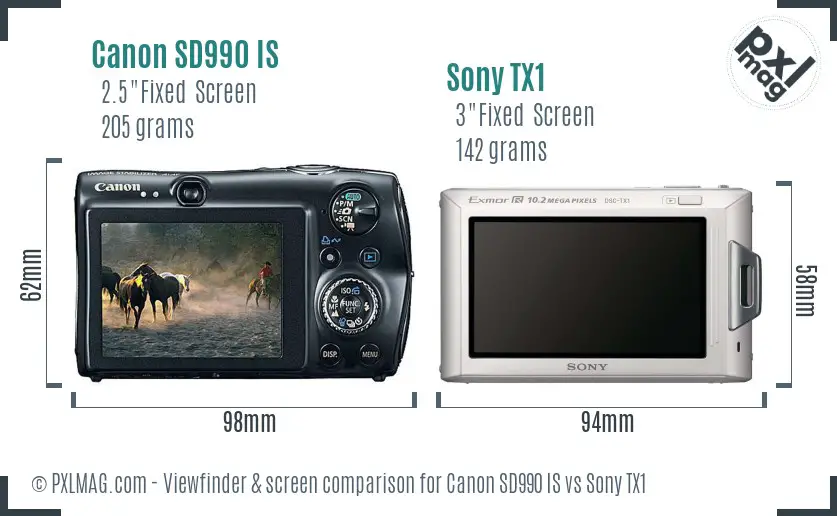 Canon SD990 IS vs Sony TX1 Screen and Viewfinder comparison