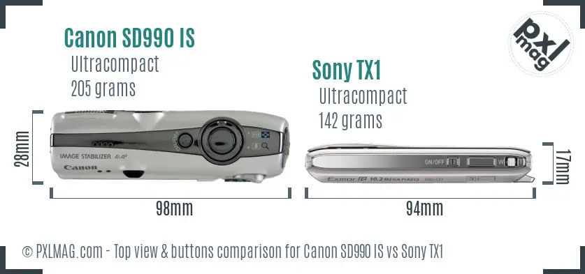 Canon SD990 IS vs Sony TX1 top view buttons comparison