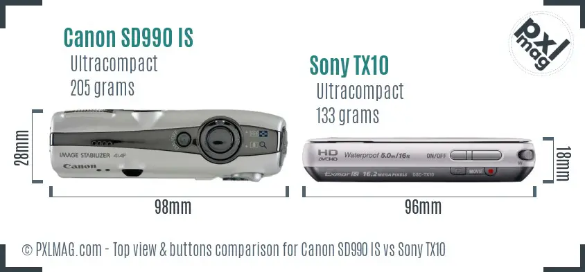 Canon SD990 IS vs Sony TX10 top view buttons comparison