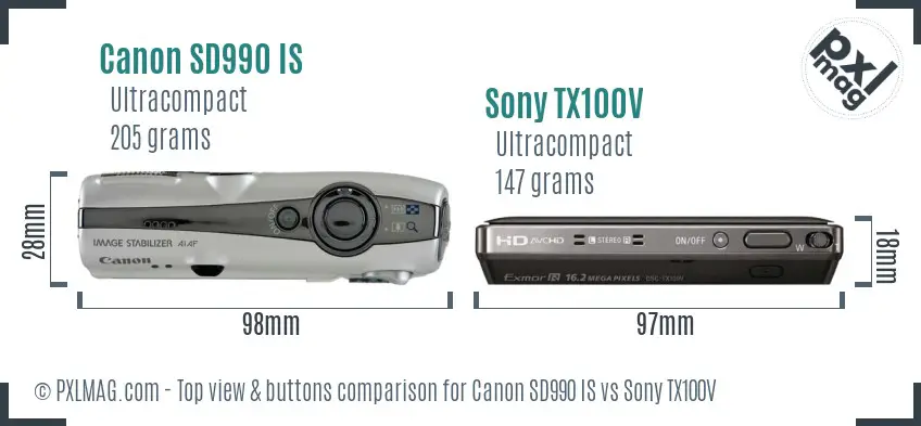 Canon SD990 IS vs Sony TX100V top view buttons comparison