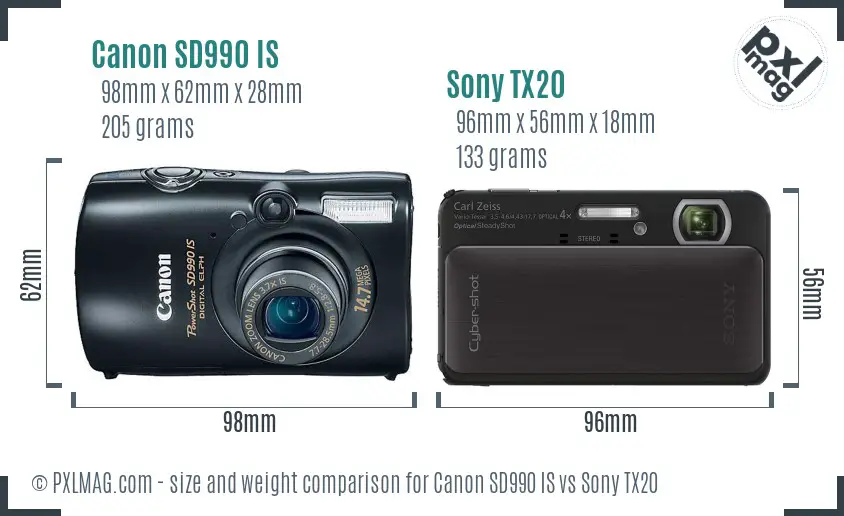 Canon SD990 IS vs Sony TX20 size comparison