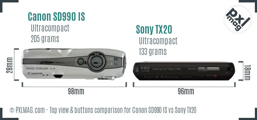 Canon SD990 IS vs Sony TX20 top view buttons comparison