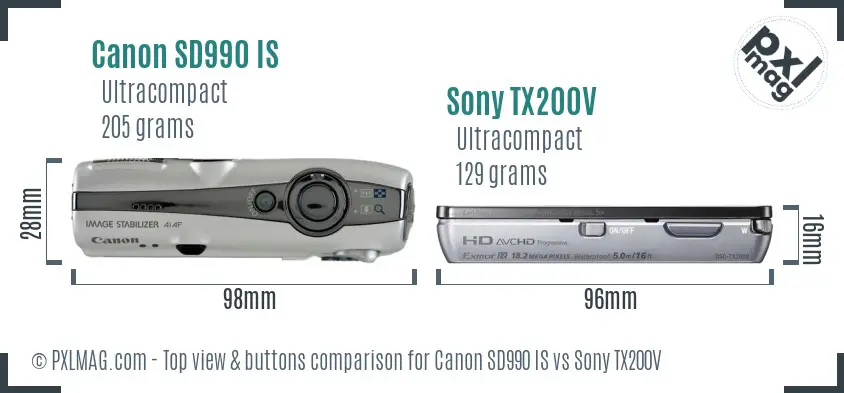 Canon SD990 IS vs Sony TX200V top view buttons comparison
