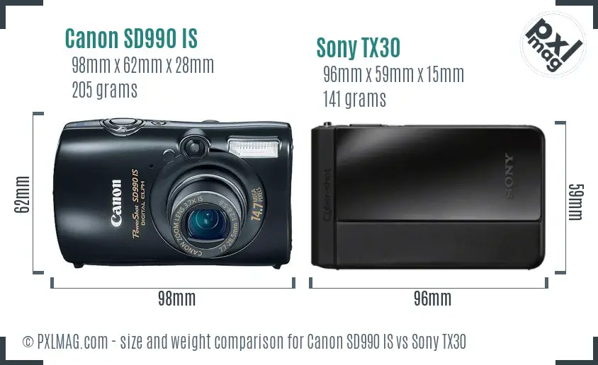 Canon SD990 IS vs Sony TX30 size comparison