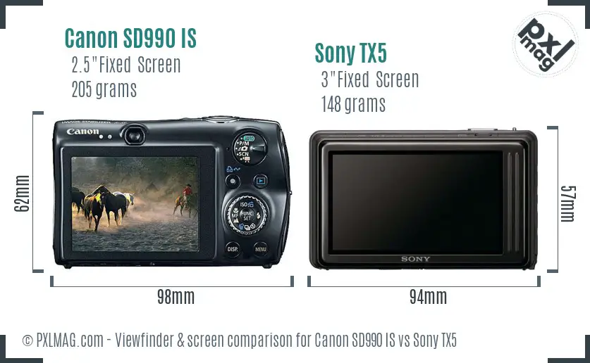 Canon SD990 IS vs Sony TX5 Screen and Viewfinder comparison