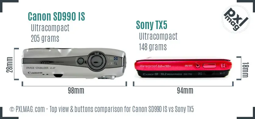Canon SD990 IS vs Sony TX5 top view buttons comparison