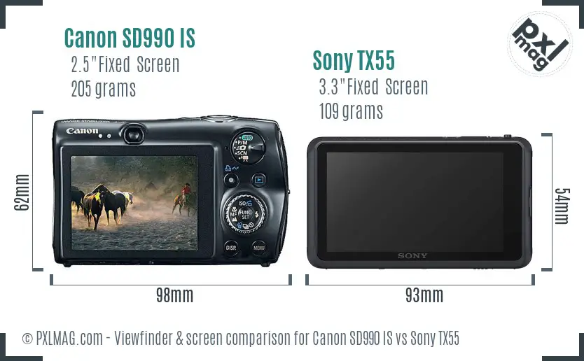 Canon SD990 IS vs Sony TX55 Screen and Viewfinder comparison