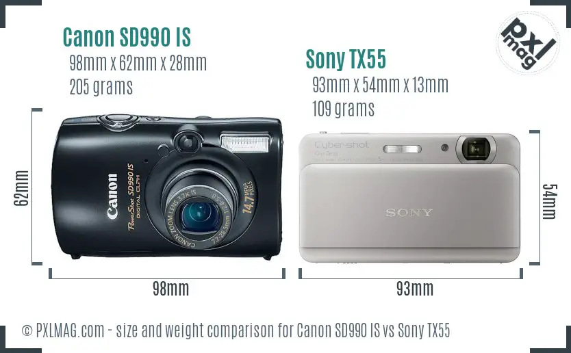 Canon SD990 IS vs Sony TX55 size comparison