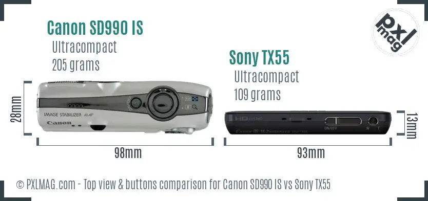 Canon SD990 IS vs Sony TX55 top view buttons comparison