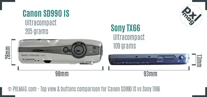 Canon SD990 IS vs Sony TX66 top view buttons comparison