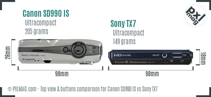 Canon SD990 IS vs Sony TX7 top view buttons comparison