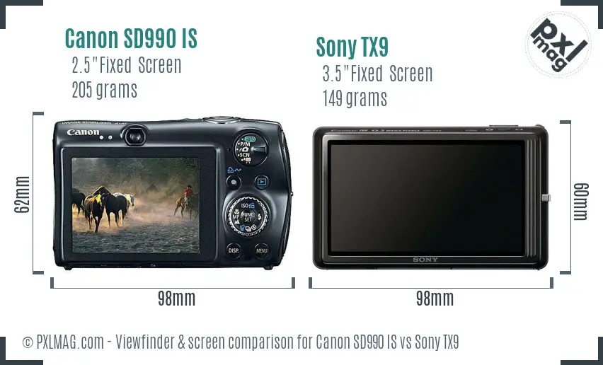 Canon SD990 IS vs Sony TX9 Screen and Viewfinder comparison