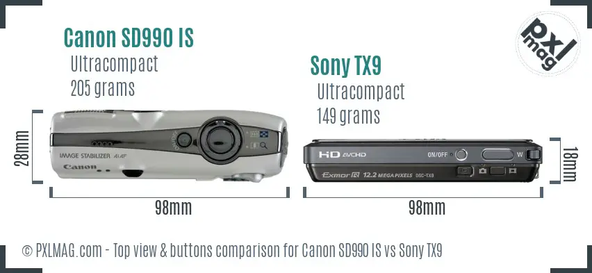 Canon SD990 IS vs Sony TX9 top view buttons comparison