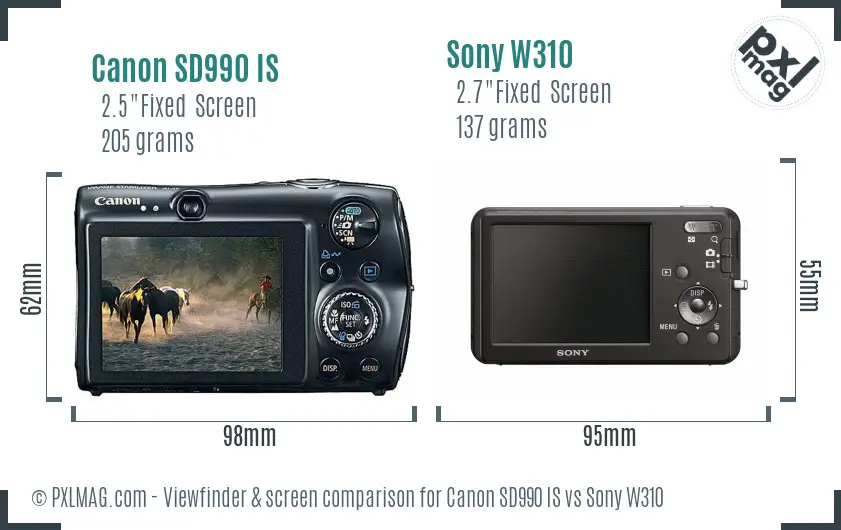 Canon SD990 IS vs Sony W310 Screen and Viewfinder comparison