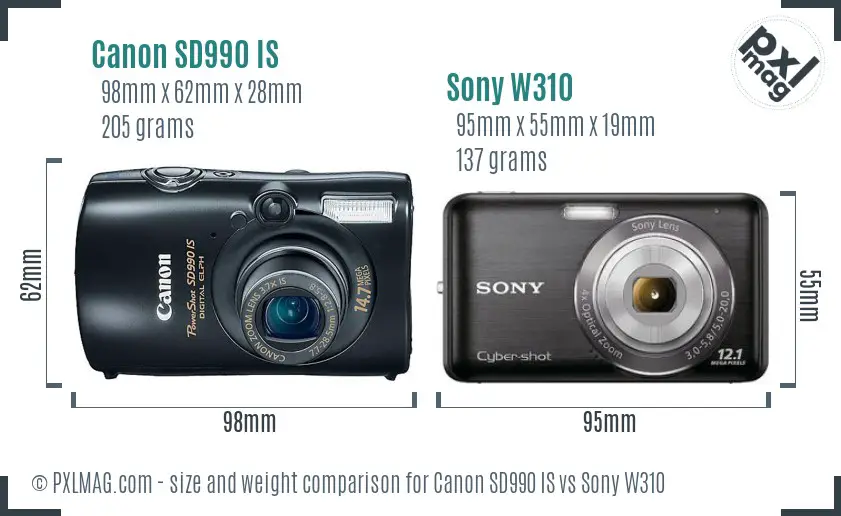 Canon SD990 IS vs Sony W310 size comparison