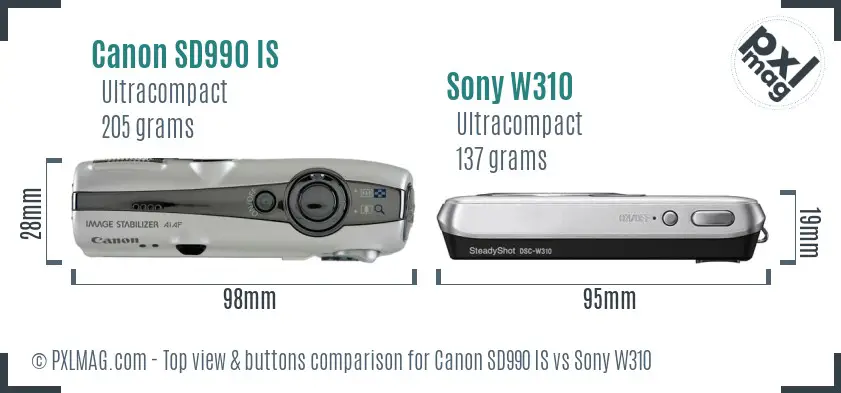 Canon SD990 IS vs Sony W310 top view buttons comparison