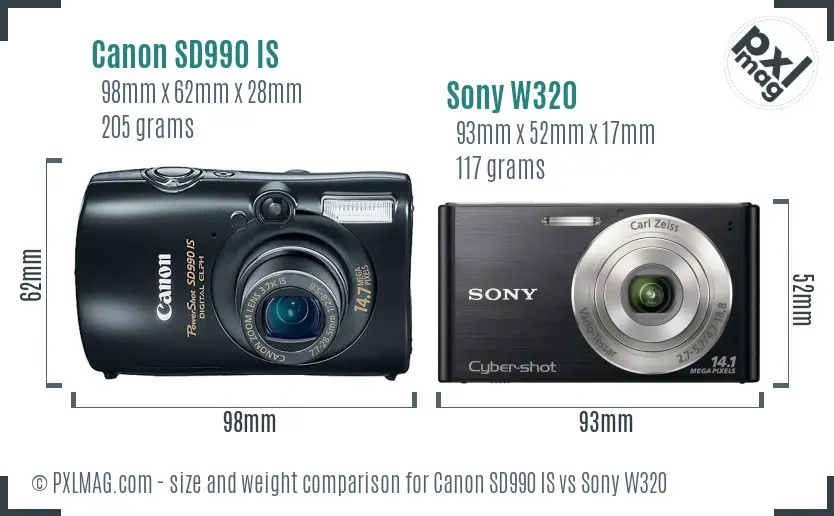 Canon SD990 IS vs Sony W320 size comparison