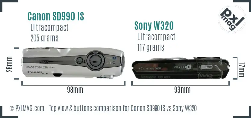 Canon SD990 IS vs Sony W320 top view buttons comparison
