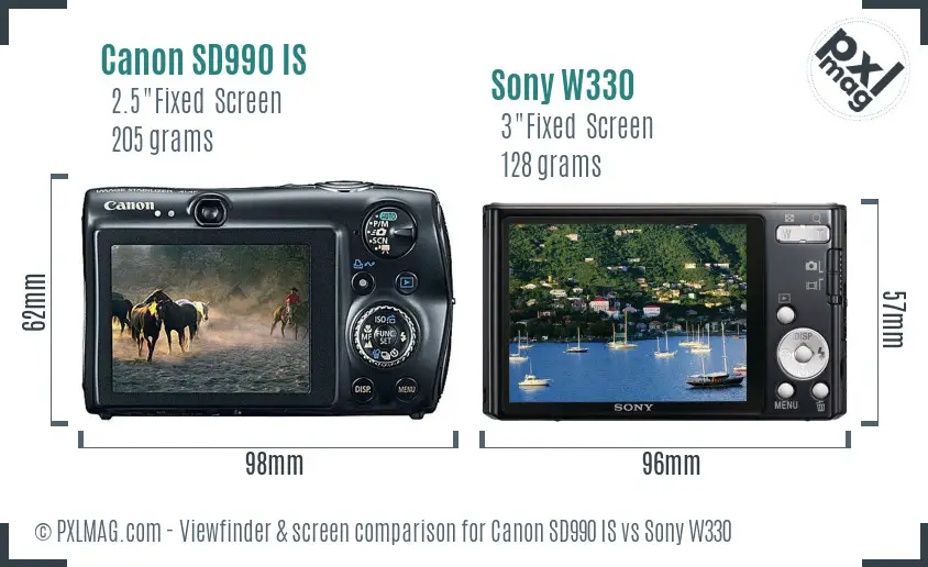 Canon SD990 IS vs Sony W330 Screen and Viewfinder comparison