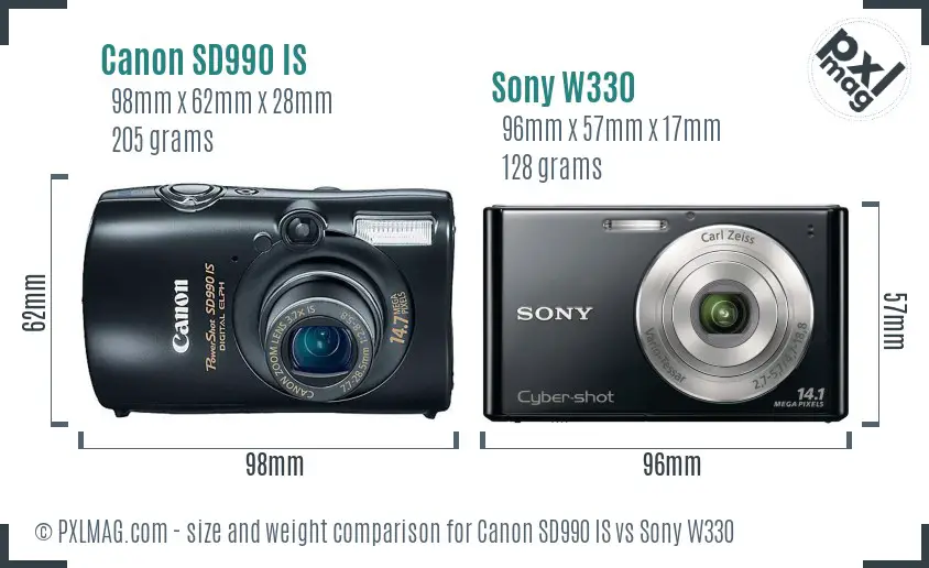 Canon SD990 IS vs Sony W330 size comparison