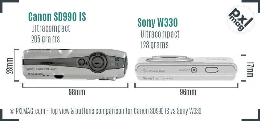 Canon SD990 IS vs Sony W330 top view buttons comparison